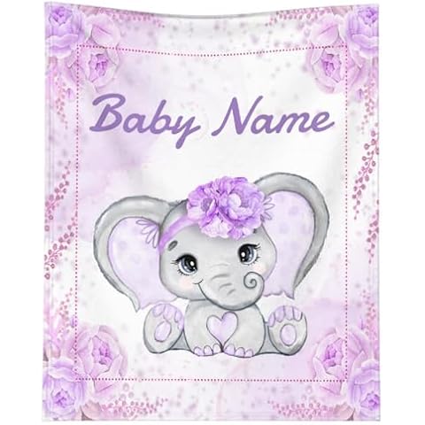 Lokesvararaja Custom Elephant Baby Blanket for Girls Women Purple Flowers Personalized Blanket with Name Cozy Lightweight Throw Blankets for Bedding Practical Gifts Small 50×40in for Child/Kids Cover