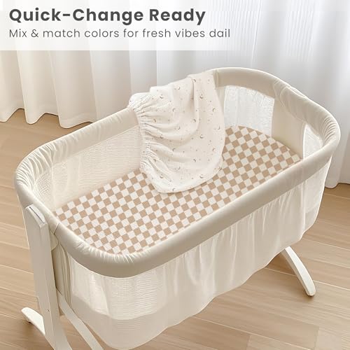 Image of Konssy 2 Pack Muslin Bassinet Sheets for Baby Boy, 100% Cotton Soft Breathable Bassinet Mattress Sheets Fit for Hourglass Oval Cradle Rectangle Mattress (Coffee Check,Moon)