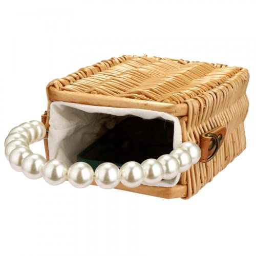 Image of Beach Bag Purse for Women, Natural Hand-woven Rectangular Wicker Handbag, Pearl Basket Purse, Retro Summer Straw Tote Bag
