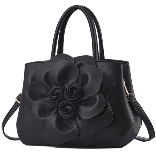 Cayla Women 3D Flower pu Leather bag purse fashion Top Handle Satchel handbag Shoulder bag Casual Tote Bag, Black, Large