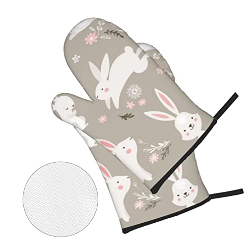 Easter Bunny Floral Printed Oven Mitts And Pot Holders Set Of 4 Heat Resistant Non-Slip Waterproof Oven Gloves For Grilling Bbq Cooking Baking Kitchen Microwave Pizza #TOP2