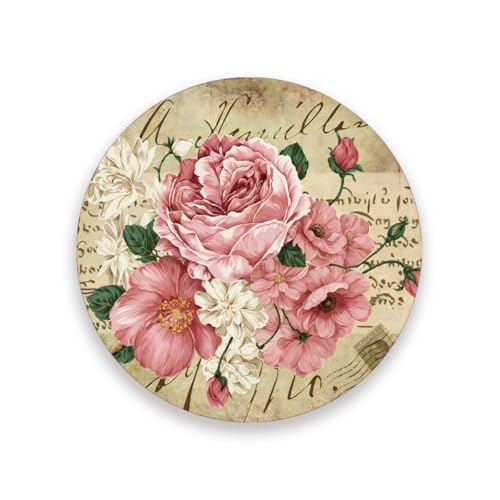 Vintage Shabby Chic Pink Rose Floral Drink Coaster with Cork Base, Round Moisture Absorbent Coasters Set Tabletop Protection Prevent Furniture Damage