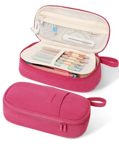 Image of SUNEE Cute Pencil Case, Large Pencil Pouch, Soft Corduroy Fabric Big Pencil Bag with Zipper, Kawaii Pen Bag Stationery Storage and Organizer, School Supplies for Teen, Student, Boys, Girls, Berry Pink