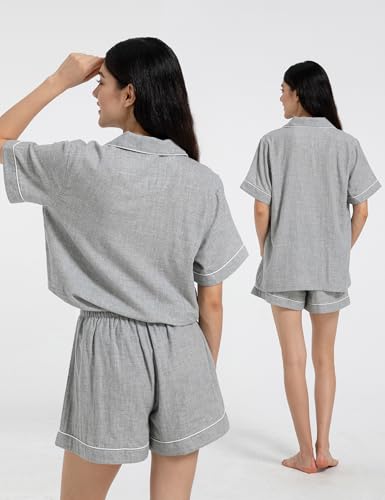 Image of Womens Muslin Pajama Sets 100% Cotton Double Gauze Linen Like Short Pjs | Breathable Soft Comfort Button Up Loungewear Sleepwear PJ Set