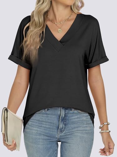 ANRABESS Womens T Shirts Short Sleeve V Neck Shirts Summer Loose Fit Dressy Tops Business Casual Blouses 2025 Basic Tees Black Large — view 5