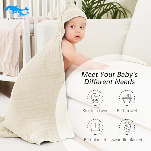 Image of SWEET DOLPHIN Muslin Hooded Baby Bath Towels - 2 Pack 100% Cotton Towel for Babies, Infants, Toddlers - 32x32Inch - Highly Absorbent and Newborn Essential, Ivory and Brown