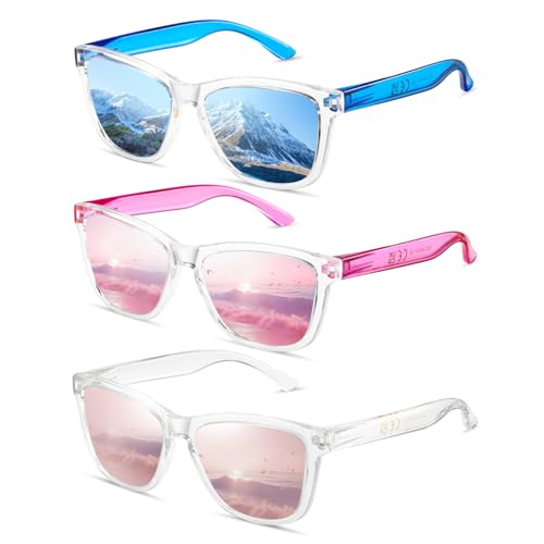 MASDUN Retro Polarized Sunglasses for Women Trendy Classic Sun Glasses (3 Pack) (Blue + Pink + Clear Pink)