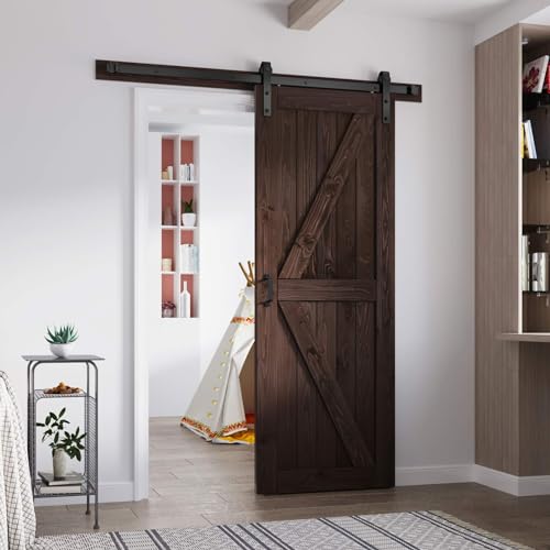 Image of FREDBECK 30 x 80 Wood Barn Door Brown with Hardware,K-Frame,Interior Door