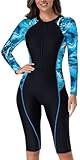 Boyleg Swimsuit One Piece for Women Long Sleeve Rash Guard Knee Length Zip Front Surfing Suit Swimwear Padded Bathing Suit Monokini