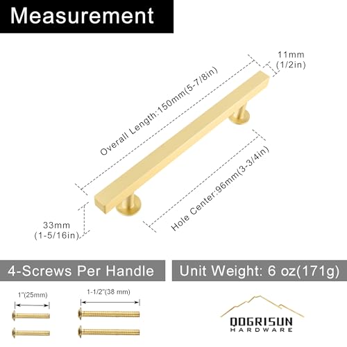 QOGRISUN 2-Pack Solid Brass Cabinet Handles, Gold Square T Bar Cabinet Pulls, 3-3/4 Inch Hole Center for Kitchen Dresser Drawer Cupboard, Brushed Brass Finish - Thumbnail 3
