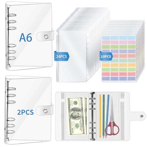 2Pcs A6 Transparent PVC Ringbuch mit 24 Klarsichthüllen und 400 Etikett, 6 Ring Weich A6 Ordner und Reißverschluss Mappe, Nachfüllbares Notizbuch Ringordner, Binder für Notebook Fotoalbum Scrapbooking