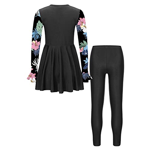 TiaoBug Modest 2 Pieces Swimsuit for Kids Girls Floral Long Swimdress with Pants Hijab Burkini Sets2