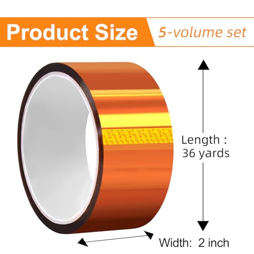 Image of QILIMA Polyimide Tape High Temperature Resistant, Heat Transfer & Sublimation Tape for Heat Press, Thermal Insulation, Industrial Sealing, 5 Pack 2inch x 33m(108ft)