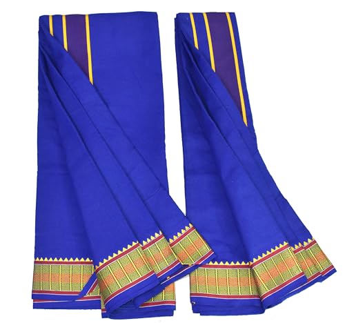 Image of TUNI MANI Men's Panchakacham Dhoti with Angavasthram with Zari Border, Cotton, Size: 9 X 5 (4.0mtr Dhoti, 2.25mtr Towel)