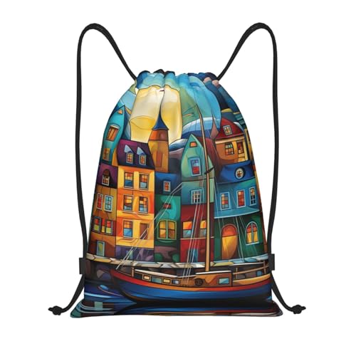 ASLKXOPEMG Mochila con cordón para edificios coloridos, bolsa de gimnasio, bolsa de cuerda para yoga, viajes, Negro, S