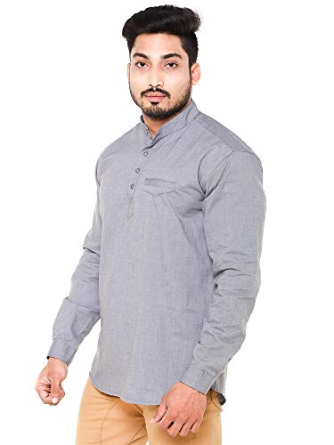 Image of Men's Linen Chinese Collar Full Sleeve Plus Size Short Kurta