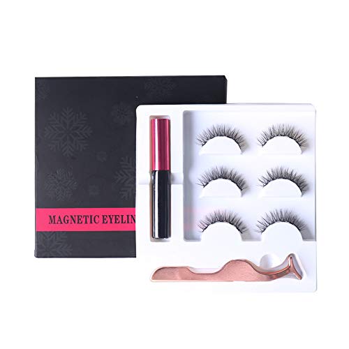 CARETHYS Upgraded Magnetic Eyeliner Eyelashes Kit, Waterproof Magnetic Liquid Eyeliner With 3 Pair Long Thin Magnetic False Eyelash,Natural Look,With Tweezers