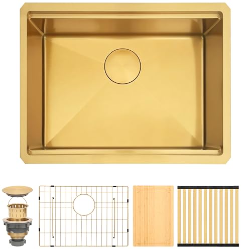 Image of Gold Undermount Kitchen Sink 23 x 18 Inch, 16 Gauge T304 Stainless Steel Workstation Sink with Ledge & Accessories