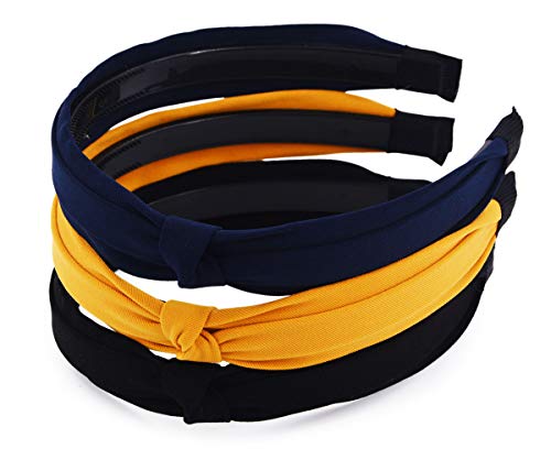 STHUAHE 3 Pack Fashion Headbands, Smiple style Solid Cloth Wide Hairband Knot Turban Headband Vintage Headwear Elastic Hair Hoops Hair Accessories by Beauty Hair for Women Girls (Yellow/Black/Navy)