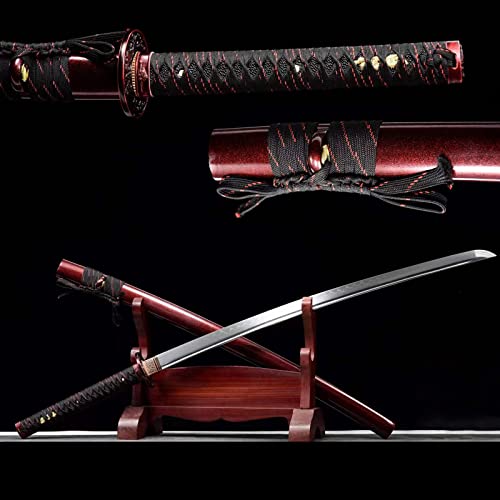 SCJSHU 103 cm langes,handgeschmiedetes Katana┃T10-Stahl,lehmgehärtet┃Massivholz-Sprühfarbe-Scheide┃Echtes Samurai-Schwert Cover