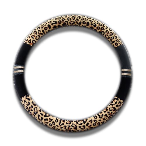 INEBIZ Luxury Leopard Print Fashionable Plush Car Steering Wheel Cover, Universal Fit, Keep Warm for Car SUV (Beige+Black)