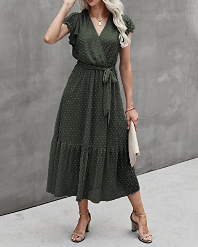 Image of BTFBM Women Summer Bohemian Floral Casual Wrap V Neck Ruffle Cap Sleeveless Belt A-Line Pleated Hem Midi Sun Dress White