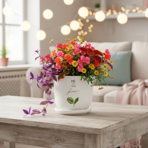 Image of Xtore Signature Ceramic Planter with Drainage Tray | Botanical Quote Print Flower Pot for Home, Study Table, Office Desk & Living Room Decor - (White, 1 Piece, Planter ONLY)