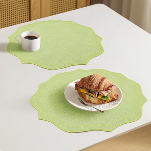 Cotton Linen Round Placemats Set of 6, HADEEONG Table Mats Cloth Placemats, Washable Wrinkle Resistance, Scalloped & Embroidered Fabric Placemats, 15.5 inch (Green, 6) by HADEEONG - Used condition - Image 8