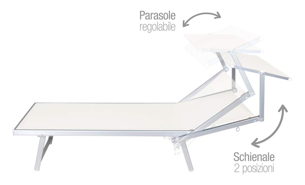 VERDELOOK | Rimini, Lettino da Mare con Parasole, 186x61x38 cm, Bianco, per Giardini, Piscine, Terrazze, Lettino Prendisole