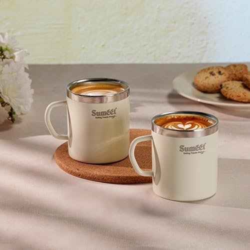 Image of Sumeet Stainless Steel Coloured Double Wall Tea /Milk /Coffee Mug Set of 2Pc - 300ml - Ivory