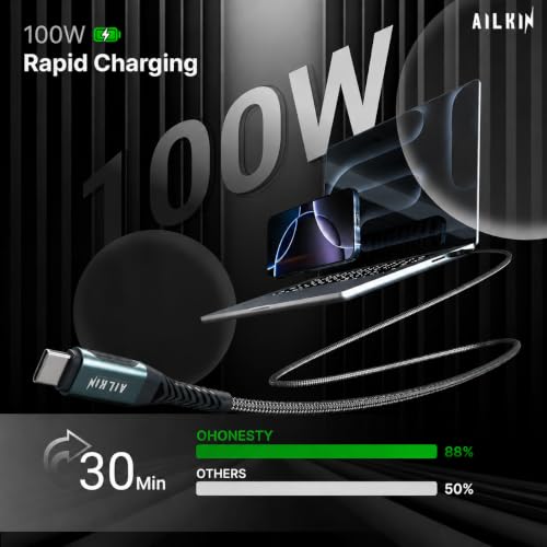 Image of Type C to Type C Cable 100W Fast Charging with [Lifetime warrenty] 3M Long Type C Cable, 5A Power Delivery, 480Mbps Data Sync, Braided Cord Compatible with All Devices by AIL-KIN