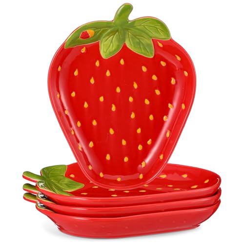 LemonRoad 4 Pcs Ceramic Strawberry Plates 9 Inch...