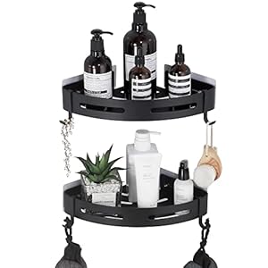 GERUIKE Bathroom Corner Shelves No Drilling Adhesive Shower Shelf Matt Black Shower Caddy Basket Wall Mounted Shower Storage for Kitchen & Bathroom Organiser 2 Pack, Aluminium