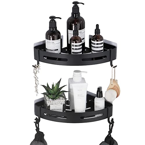 GERUIKE Bathroom Corner Shelves No Drilling Adhesive Shower Shelf Matt Black Shower Caddy Basket Wall Mounted Shower Storage for Kitchen & Bathroom Organiser 2 Pack, Aluminium