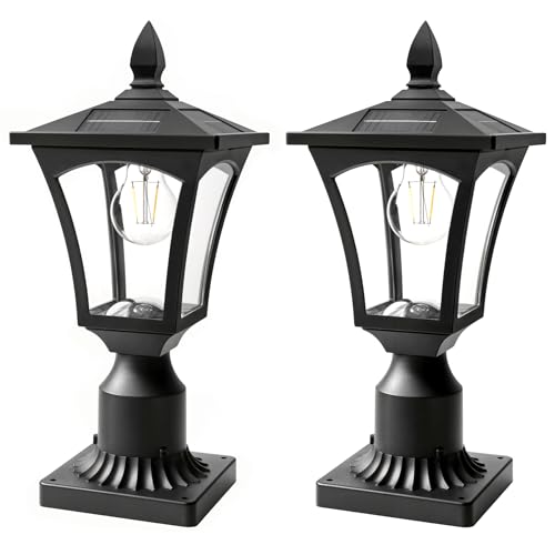 Solar Post Lights, 3000K Solar Lamp Post Light Fixture with Pier Mount Base, Dusk to Dawn Solar Post Lights Outdoor Waterproof for Garden Post Pole Mount, Replaceable Bulb, Decorative Lamp