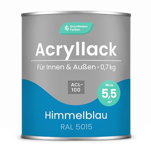 Grundmann Acryllack - 0,7 Kg - 4in1 Lack inkl. Grundierung - Innen und Außen - Blau - Für Holz, Metall, Stein & Kunststoff - Himmelblau RAL 5015