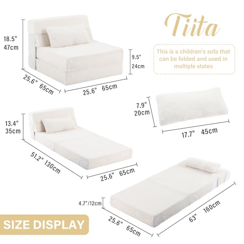 Image of Tiita Convertible Folding Kids Sofa Bed with Pillow & Storage Bag, Plush Fabric Floor Mattress Couch Bed, Washable Cover, Kids Room, Playroom, Dorm, Apartment, Beige