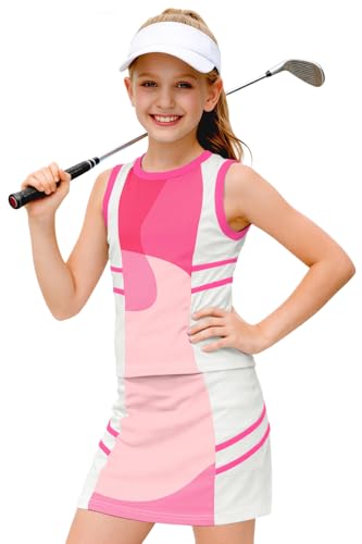 Image of AOBUTE Girls Tennis Golf Outfit Tank Top and Skirt with Shorts Set 4-12 Years