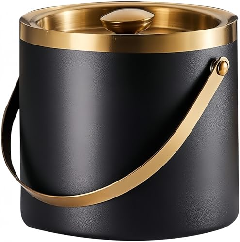 アイスペール 溶けない 蓋付き 二重構造 全ステンレス構造 アイスバケット ステンレス 氷入れ 真空断熱 ハンドルとフタ付 保冷用(2L/3L)大容量 プロ仕様 家庭用 業務用 (ブラック + ハンドル付き 3L)