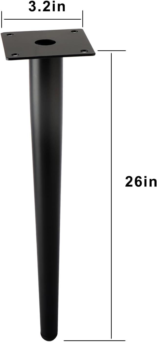 alxeh straight furniture table legs 26 inch, round tapered metal furniture legs black, modern dresser cabinet sofa support feet replacement, set of 4