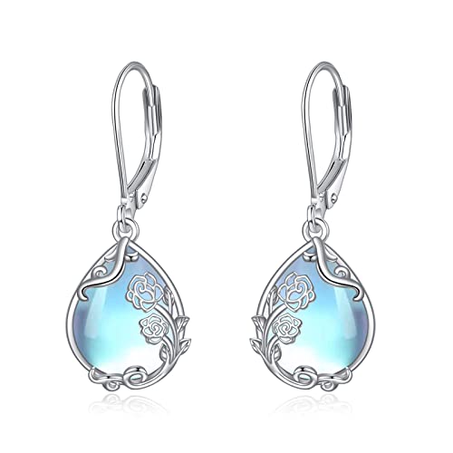 Poplyke June Rose Moonstone Birth Flower Filigree Teardrop Drop Dangle Earrings Sterling Silver Leverback Earrings Jewelry #TOP22