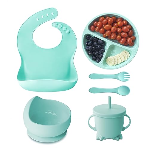 Image of HOGA Silicone Baby Feeding Set with Suction Bowl, Suction Plate, Bib, Cup, Spoon, Fork, Baby Led Weaning Utensils for Babies & Toddlers 6+ Months, Microwave & Dishwasher Friendly (Green)