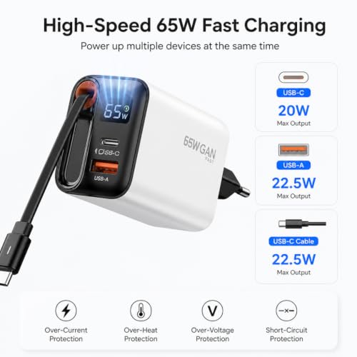65W GaN Rapide Chargeur Rétractable 65cm Câble, 3 Ports avec Écran LED – vue 7