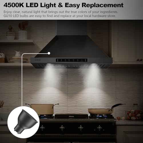 Black Wall Mount Range Hood 30 Inch, Stainless Steel Kitchen Range Hood 980 CFM Ducted/Ductless Range Hoods with 3-Speed Exhaust Fan, Light,... - Image 4