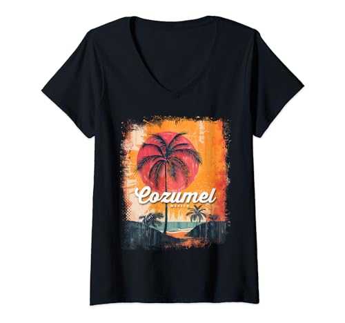 Womens Cozumel Mexico Beach Gift Caribbean Palm Tree Sunset Vintage V-Neck T-Shirt