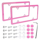 Wuyaoyao 2PCS Car License Plate Frames, 4 Holes Stainless Steel License Plate Frame, Slim License Plates Cover Holder with Screws Bolts Caps Washers, Universal Exterior Car Accessories (Pink)