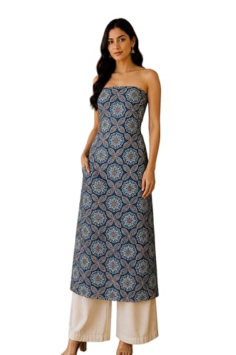 Image of Ethnics of Kutch Women's Ajrakh Modal Silk Natural Dye Hand Block Print Unstitched Kurta Fabric (For Lenght - Refer Bullet Point Below)