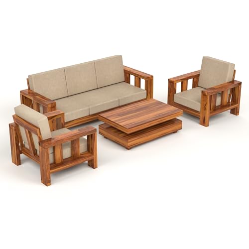 Image of Solid Sheesham Wooden 5 Seater Sofa Set for Living Room with Comfortable Cushion - Wooden Sofa Set 5 Seater for Home & Office Furniture (Honey, Haney 5 Seater 3+1+1)