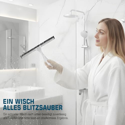 2 Stück Duschabzieher Edelstahl 25cm, Abzieher Dusche mit 2 Halterung, Fensterabzieher für Badezimmer, Spiegel und Fliesen, Streifenfreie Reinigung für Glasflächen, Weiß