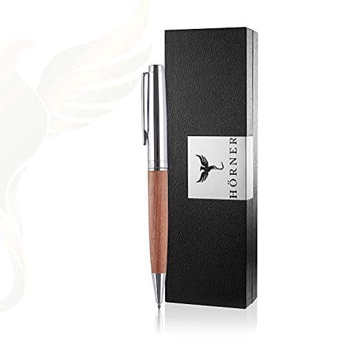 Hörner Legno Design Kugelschreiber I Premium Geschenk-Box I Blaue Tinte I Strichstärke M 1 mm I Drehkugelschreiber I Hochwertiges Etui mit Holzkugelschreiber I Stift für Männer und Frauen